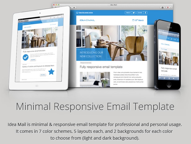 Idea Mail is minimal & responsive email template for professional and personal usage. It comes in 7 color schemes, 5 layouts each, and 2 backgrounds for each color to choose from (light and dark background).