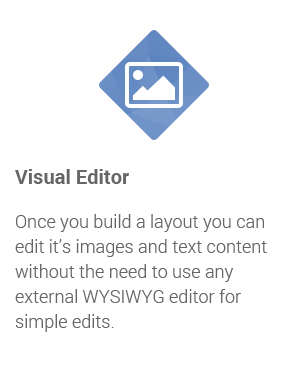 Visual Editor: Once you build a layout you can edit it’s images and text content without the need to use any external WYSIWYG editor for simple edits.
